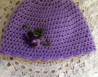 Hand Crochet Lavender Beanie, Spring Flower Pansies, Adult Size