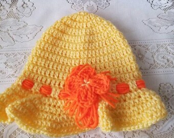 Crochet Yellow Floppy Sun Hat, Orange Flower, Toddler Hats