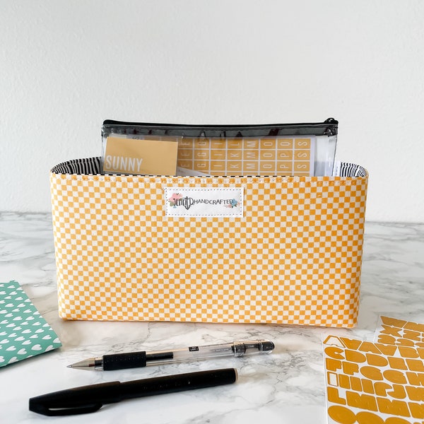 Yellow Checker Office Storage. Desk Organizer Tray. Fall Desktop Storage. Storage Basket. Home Organizer Decor. Home Shelf Organization.