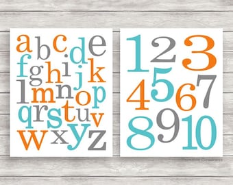 Baby Boy Room Decor, Teal Orange and Grey Printable Alphabet and Numbers Nursery Wall Décor, Printable Nursery Art, Alphabet Art, Instant