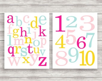 Printable Nursery Art, Alphabet and Number Prints, Playroom Printables, Baby Girl Wall Art, Printable Kids Posters, Alphabet Wall Decor 8x10