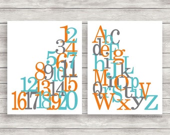Teal, Orange, Grey Baby Boy Room Decor, Printable Nursery Art Download Alphabet Numbers Boys Prints, ABC I Love You DIY Instant Files