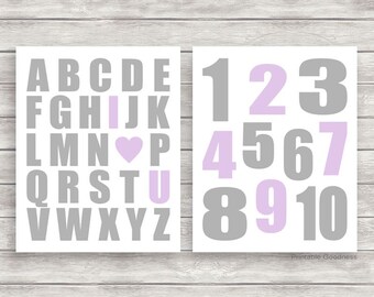 Lilac and Grey Baby Girl Room Decor, Printable Nursery Art Download Alphabet and Numbers Girls Prints, ABC I Love You DIY Instant Files