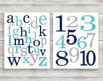 Printable Nursery Art, Navy Teal Grey, Baby Boy Room Decor, Digital Kids Prints, Nursery Wall Decor, Numbers and Alphabet Art, Abc 123 Set