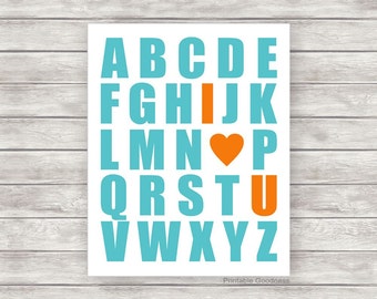 Nursery Printable Alphabet I Love You, Playroom Wall Art, Baby Boy Wall Art, Boys Room Décor, Kids Print, ABC Printable Teal Orange
