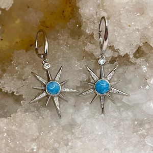 Stars drop Earrings with Larimar and White Sapphires in Sterling Silver and Rhodium