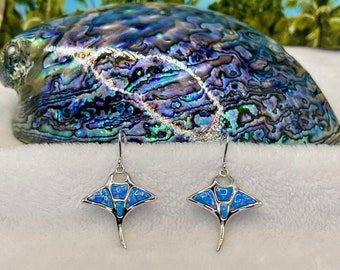 Könnte beinhalten: Ein Paar Ohrringe aus Silber mit einem Mantarochen-Design. Die Ohrringe haben einen blauen Opal-Einsatz und eine silberne Oberfläche. Die Ohrringe sind an einem einfachen Haken befestigt.