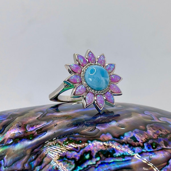 Unique Larimar Sunflower Ring with Pink Opal and White Sapphires set in Sterling Silver with Rhodium