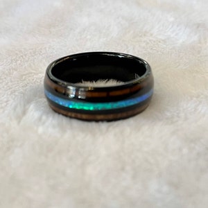 Black Tungsten Koa Wood and teal glass inlay