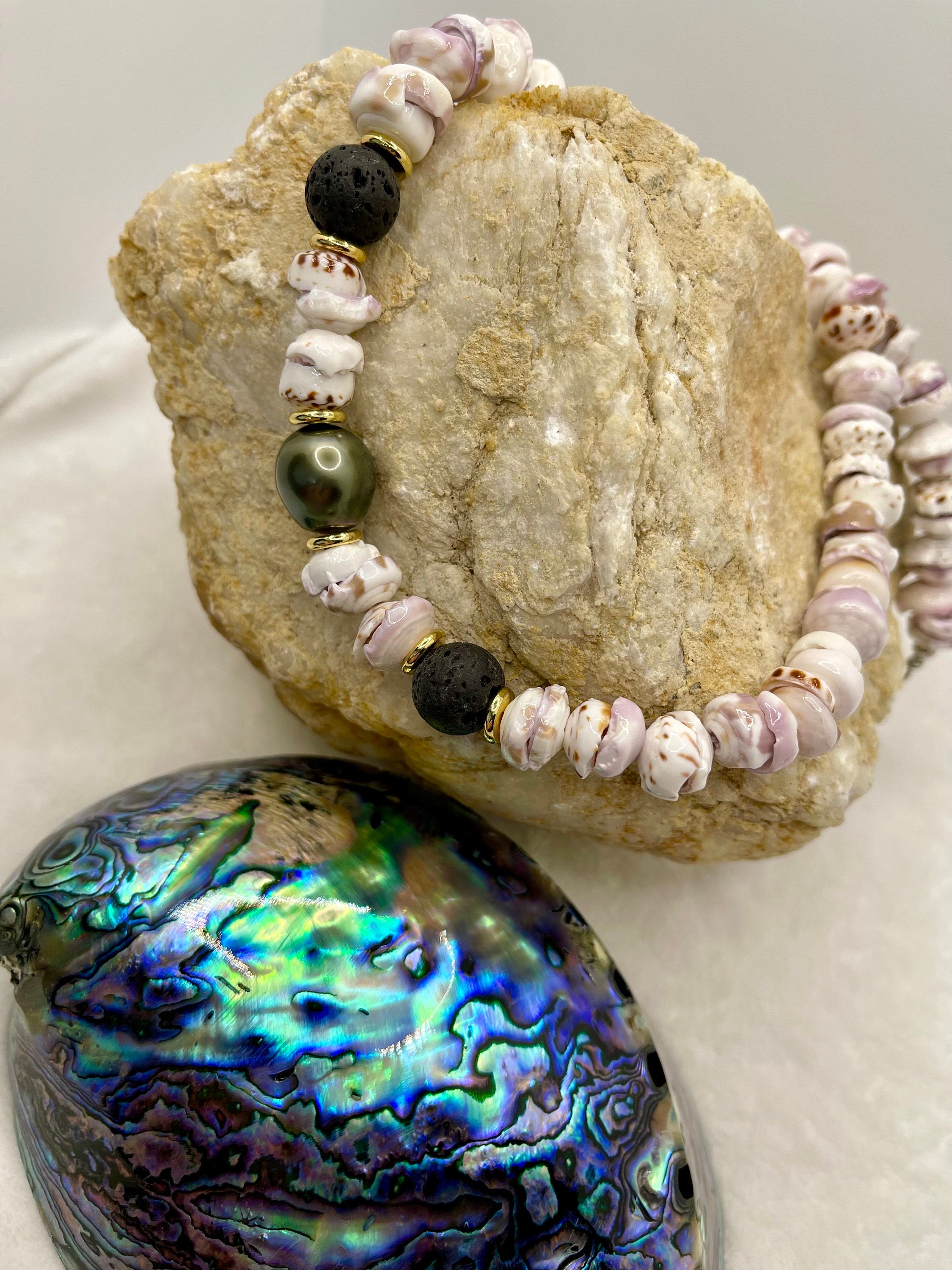 Large Puka Shell Authentic Hawaiian Style With Genuine Tahitian Black ...