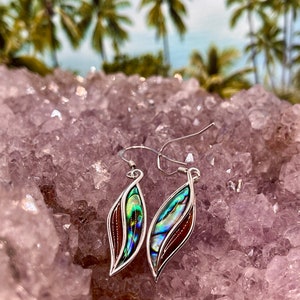 Tropical Leaf Earrings with Hawaiian Koa wood and Abalone in Sterling Silver