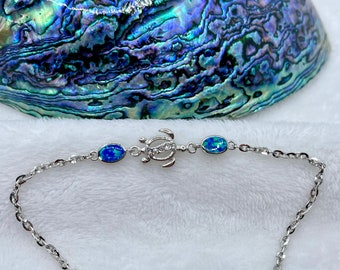 Anklet in Blue Opal Hawaiian Turtle with Swarovski Crystal set in Sterling Silver Adjustable