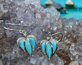 Larimar Heart Drop Earrings With White Sapphires Set in Sterling