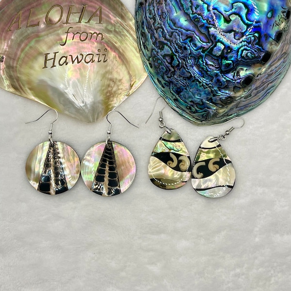 Abalone Paua and Tahitian Shell Earrings Round or Raindrop in Sterling silver