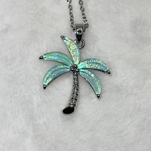 Dichroic glass palm tree pendant necklace
