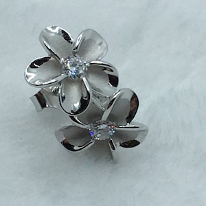 Hawaiian Plumeria Earrings with CZ in Sterling Silver
