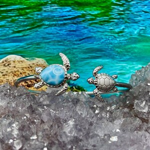 May include: Two silver rings with turtle designs. One ring features a light blue stone in the turtle's shell, while the other has a textured silver shell. The rings are displayed on a bed of crystals, with a blurred ocean background.