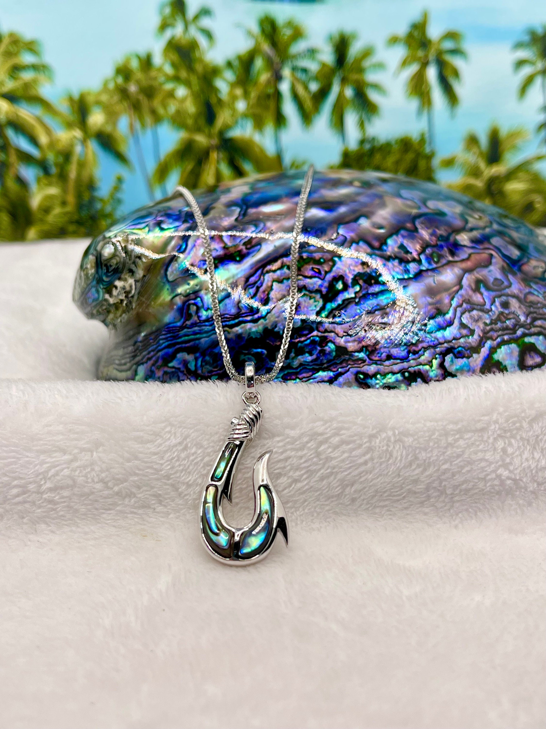 Sterling Silver Opal Maui Fish Hook Pendant Necklace by Alamea Sterling Silver Opal Maui Fish Hook Pendant Necklace by Alamea
