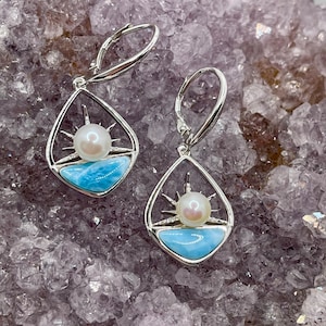 Akoya Pearl and Larimar drop Earrings with Tiny Diamonds in Sterling Silver and Rhodium