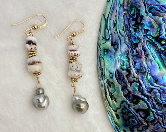 Tahitian pearl and Hawaiian Puka Shell Drop Earrings in 14k gold