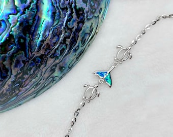 Anklet in Blue Opal Hawaiian whale tail in Sterling Silver with adjustable chain