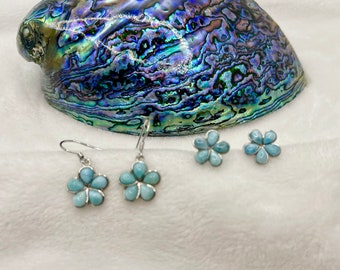 Hawaiian Flower Plumeria Earrings Larimar Gemstone in Sterling Silver