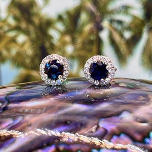 Natural Blue Sapphire studs with Diamonds in 925 Sterling Silver with Rhodium. .70 cts