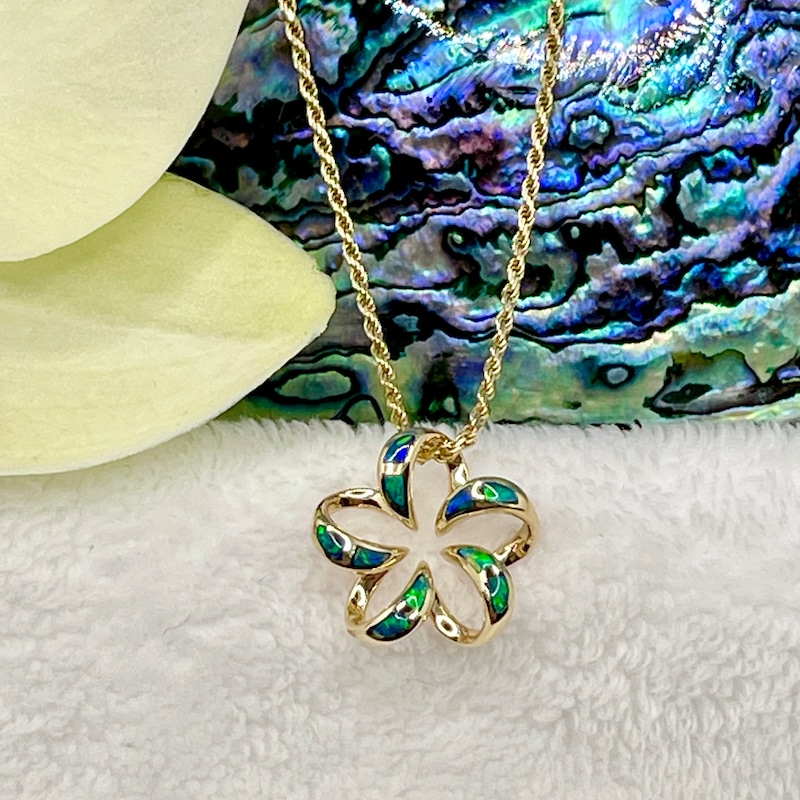 14k White Gold Hawaiian Plumeria Pendant Necklace | Blue Zircon Flower, Handcrafted In USA, Solid Gold Jewelry