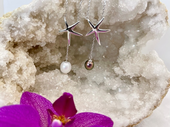 Silver Starfish With Pearl Drop Pendant Necklace Adjustable