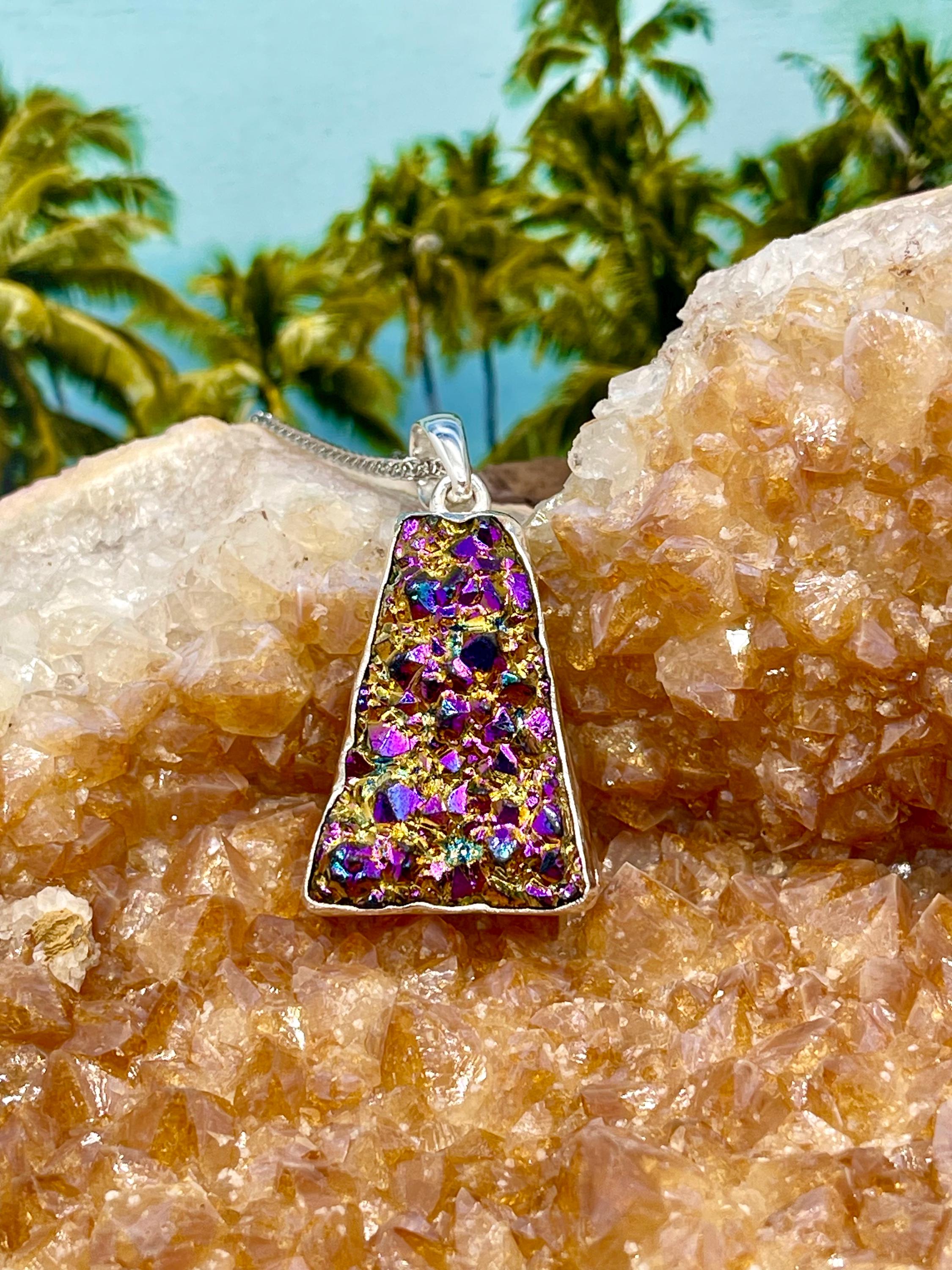 Collier Argent Sterling 925 - Quartz Druzy Au Titane - Fait Main - 18 Pouces #N00163