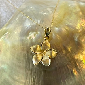 14K Solid Gold Plumeria Flower Pendant Necklace