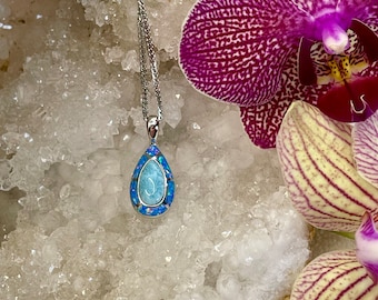 Drop Pendant with Larimar and Blue Opal Inlay Necklace