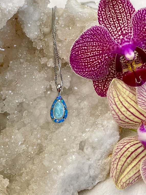Drop Pendant With Larimar and Blue Opal Inlay Necklace - Etsy Israel