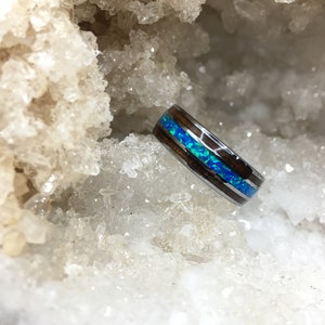 Koa Wood and Opal Ring in Tungsten Size US 8 thru 14