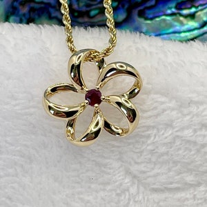 14K Solid Gold Plumeria Flower with Natural Ruby Pendant Necklace