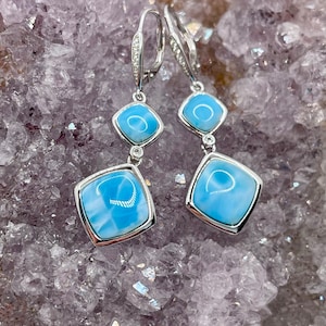 Larimar drop Earrings with White Sapphires in Sterling Silver and Rhodium