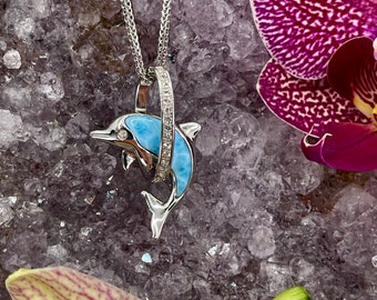 Hawaiian Spinner Dolphin in Larimar with White Sapphire Hoop pendant necklace