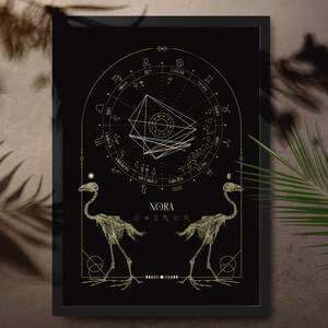 Design de mapa natal, esqueleto de pássaro preto, série de ossos, desenho de mapa de nascimento, presente astrológico personalizado, pôster do zodíaco, presente de aniversário