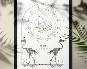 Natal Chart Design, White Bird Skeleton, Bone Series, Birth Chart Drawing, Personalized Astrology Gift, Zodiac Poster, Birthday Gift