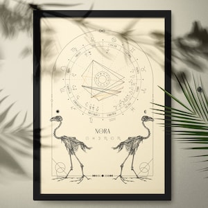 Design de mapa natal, esqueleto de pássaro creme, série de ossos, desenho de mapa de nascimento, presente personalizado de astrologia, pôster do zodíaco, presente de aniversário