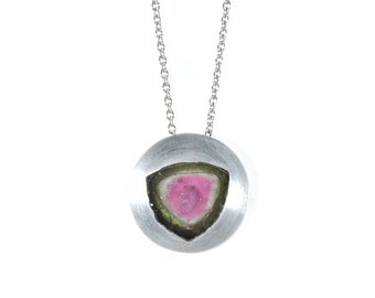 BethCarina Slice, Tourmaline pendant, Silver pendant and chain with natural watermelon tourmaline slice