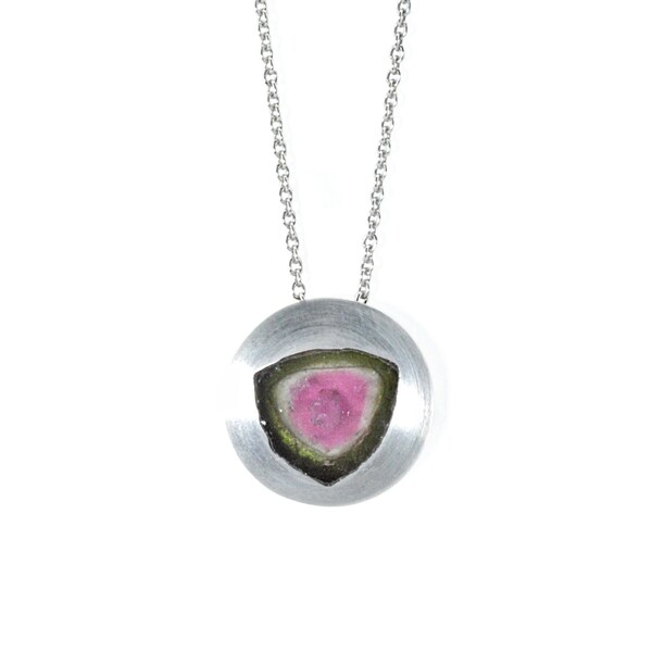 BethCarina Slice, Tourmaline pendant, Silver pendant and chain with natural watermelon tourmaline slice