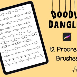 May include: A digital tablet screen displaying 12 different doodle dangle brush designs for the Procreate app. The text "Doodle Dangles" and "12 Procreate Brushes" is displayed on the screen. The text "Acorns Arts" is displayed in the bottom right corner of the screen.
