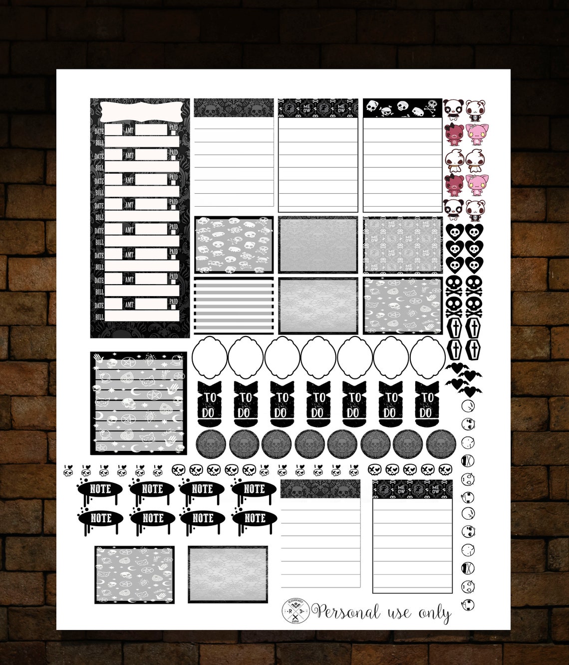 Skulls printable Gothic Planner Sticker Sheet | Etsy