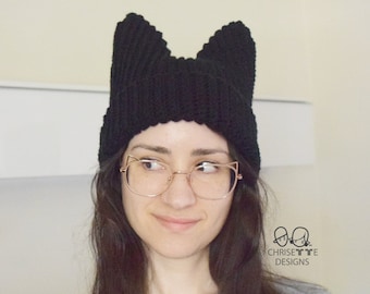 Crochet Gamer Cat Beanie hat, small adult size, handmade one of a kind, black beanie