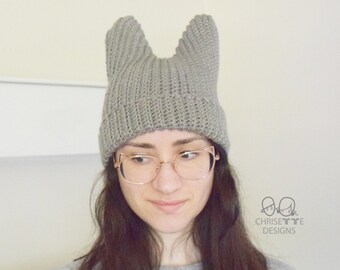 Crochet Cat Beanie hat, adult size, handmade one of a kind, owl beanie, grey beanie