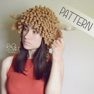 Crochet Highland Cow Hat PATTERN English, Ice Spice wig, crochet Satyr Faun Goat, Baphomet, Halloween costume hat, adult kids and baby sizes image 1