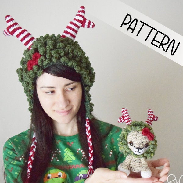 Crochet Christmas Wreath Reindeer with antlers hat PATTERN English, horns hat, adult, kids and baby sizes, mad hatter