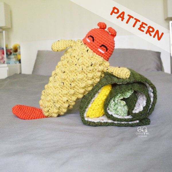 Crochet Sushi Roll and Play Baby blanket with shrimp plush PATTERN, diy English, shrimp toy, interactive baby swaddle blanket play mat