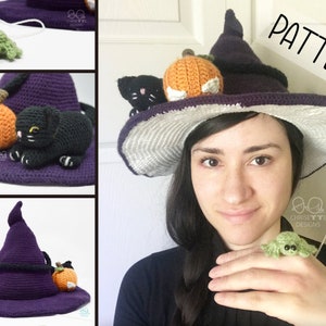 Crochet Witch hat PATTERN English, stiff brim, Wizard hat, WITCHES' STITCHES hat costume, child and Adult size , spider cat and pumpkin hat image 1